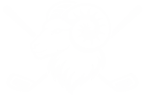 The Ruthven family crest - a goat above crossed golf clubs